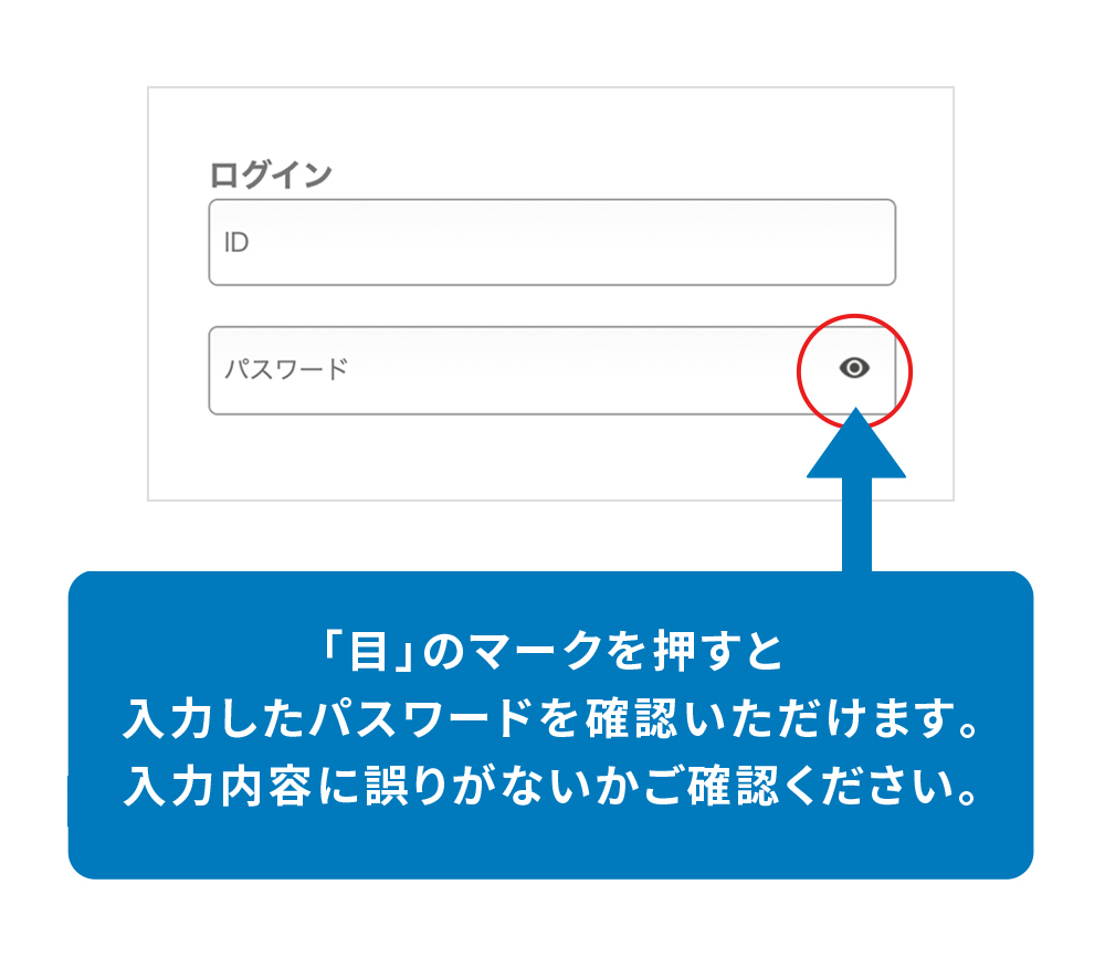「目」のマークを押すと入力したパスワードを確認いただけます。入力内容に誤りがないかご確認ください。