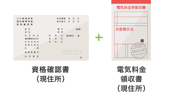 健康保険証（現住所）＋ ガス料金領収書（現住所）