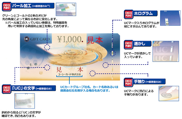 パール加工（一部券面のみ）、ホログラム、「UC」の文字（一部券面のみ）、透かし、手触り（一部券面のみ）。UCカードグループ社名、カード名称あるいは提携会社名等が入る場合もあります。
