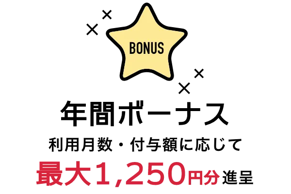年間ボーナス利用月数・付与額に応じて最大1,250円分進呈