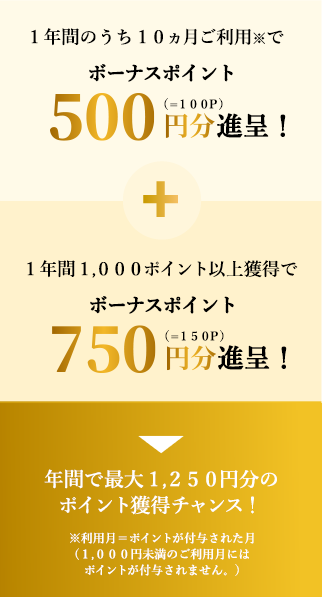 年間で最大1,250円分のポイント獲得チャンス！1年間で10ヶ月ご利用でボーナスポイント500円分進呈。1年間1000ポイント以上獲得でボーナスポイント750円分進呈。